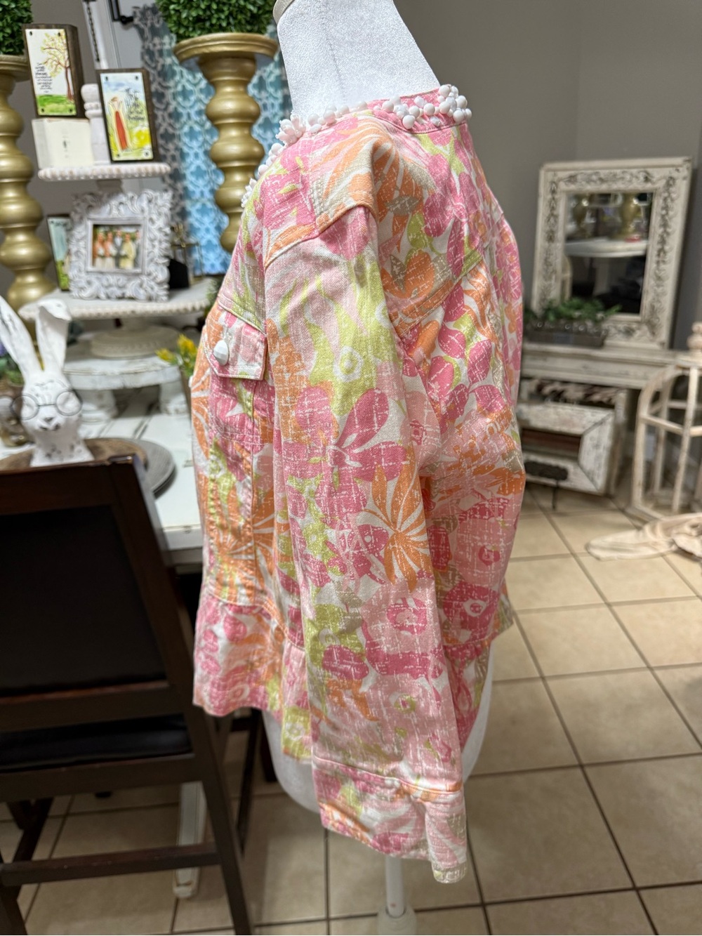 Ruby Rd. Floral Embellished Pink & Orange Jean Jacket - Picture 3 of 5